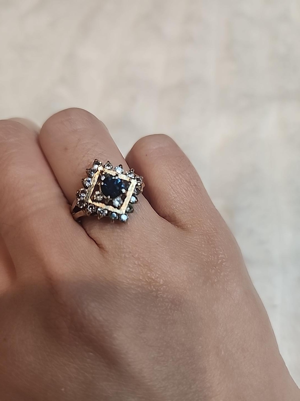 Vintage Taiwan Gold Tone Blue & Clear Rhinestone Geometric Statement Ring